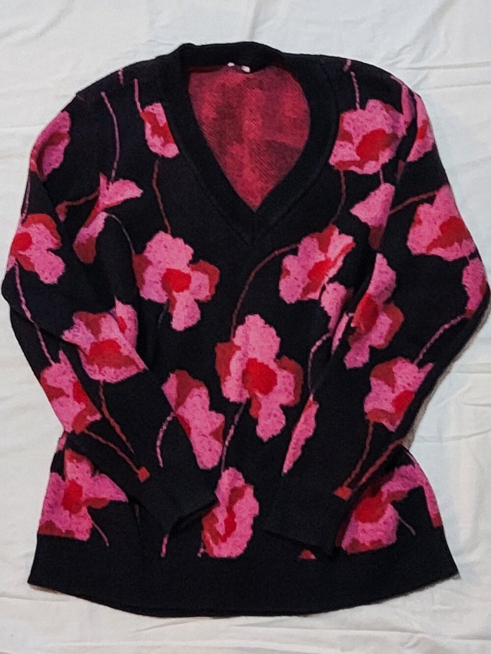 Black Floral V-Neck Knit Sweater